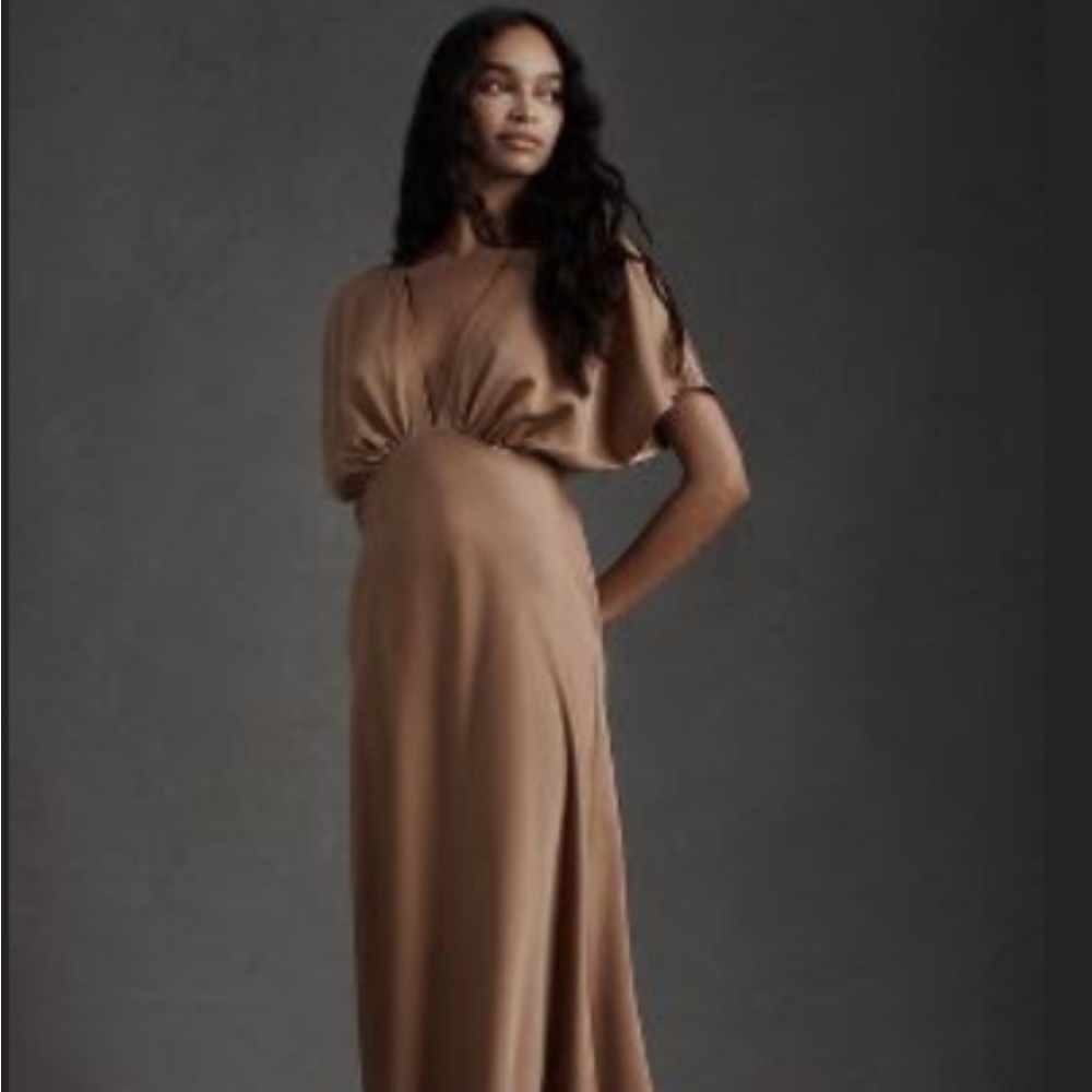 BHLDN Leila Deep-V Flutter-Sleeve Satin A-Line Gown-SAND DUNE-US 6/UK 10